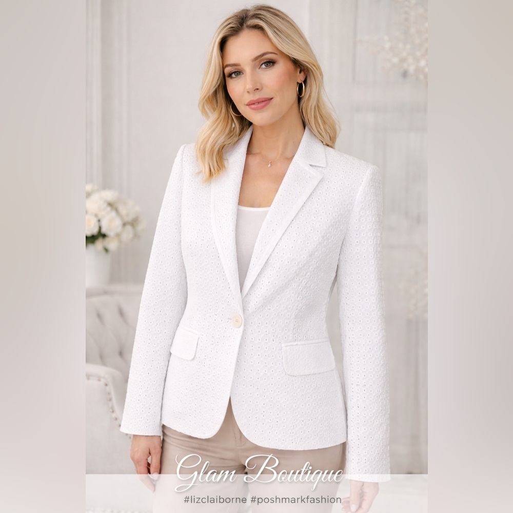 Liz Claiborne White Textured Blazer Jacket Size S Cotton Classic Chic
